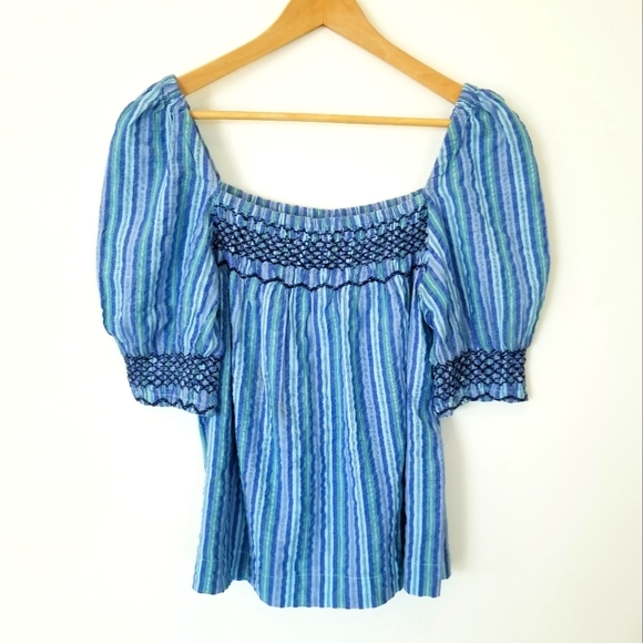 Faherty Presley Top Blue Coast Stripe Babydoll Square Neck Boho Smocked Organic - Picture 3 of 14